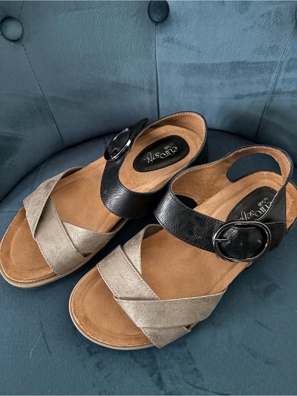 Women's Metallic Silver & Black Slingback Sandals with Buckle - Picture 2 of 2